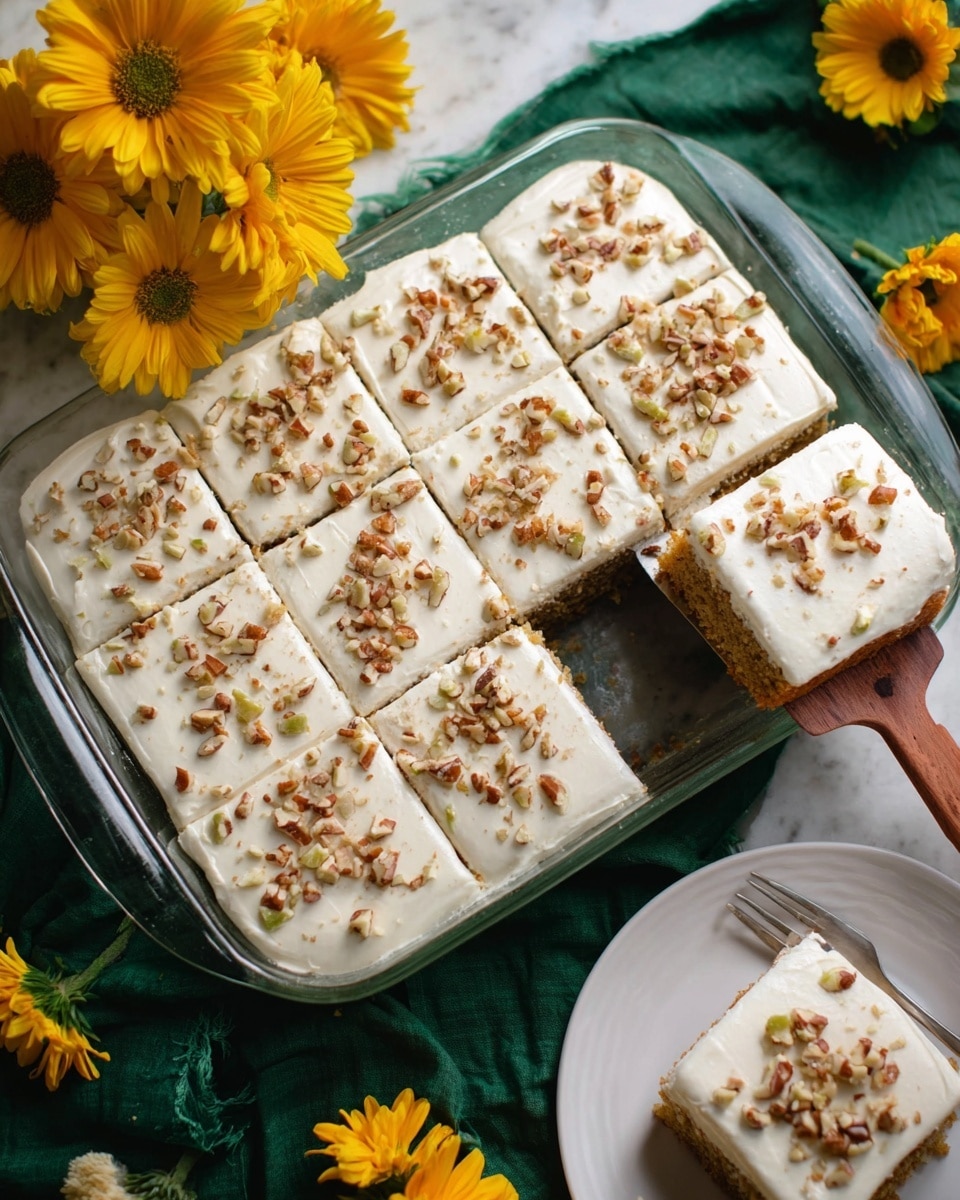 The image shows a glass baking dish filled with a two-layer dessert, cut into nine square pieces. The bottom layer is a moist, light brown cake with a soft texture. On top is a thick, smooth white frosting that covers the entire surface evenly. The frosting is sprinkled with small chopped nuts, adding a textured look with shades of brown. A woman's hand with a wooden-handled spatula is lifting one square piece, revealing the moist cake layer underneath. The dish is set on a white marbled surface with a dark green cloth and bright yellow flowers around it. Nearby there is a white plate with one piece of the dessert. photo taken with an iphone --ar 4:5 --v 7