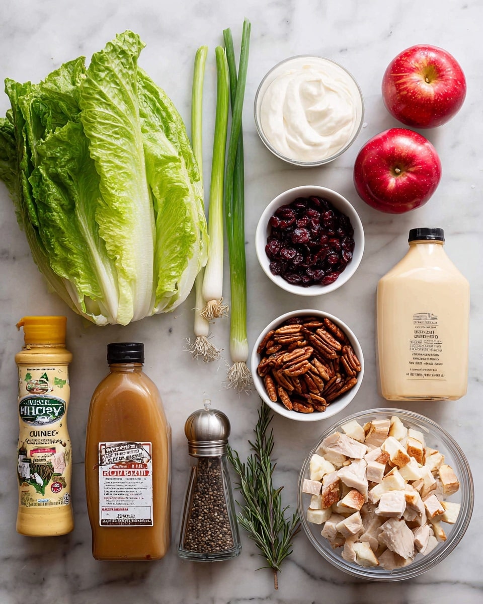 The image shows ingredients arranged neatly on a white marbled surface. On the left, there is a fresh green romaine lettuce and two green onions placed horizontally above a small bowl with a creamy white sauce. Next to it is a plain Greek yogurt container. Below the yogurt is a bottle of Dijon mustard with a light yellow color. Toward the center, there is a dark amber-colored bottle of apple cider vinegar and a large light-colored container of maple syrup. On the right side, there are two small white bowls, one filled with dark red dried cranberries and the other with chopped pecans. Two red apples and a green sprig of rosemary lie near a clear pepper grinder with black peppercorns. In the bottom right corner, there is a clear glass bowl filled with pale, diced chicken. Photo taken with an iphone --ar 4:5 --v 7