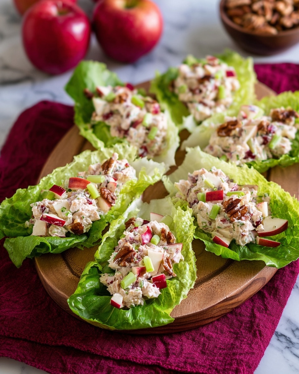 There are six green lettuce leaves on a round wooden board, each leaf filled with a creamy salad mix. The salad contains white chunks and small pieces of red-skinned apple, mixed with small brown nuts and garnished with small green onion slices. The board sits on a deep red cloth, and the background is a white marbled surface with two red apples and a brown bowl of nuts blurred in the back. photo taken with an iphone --ar 4:5 --v 7