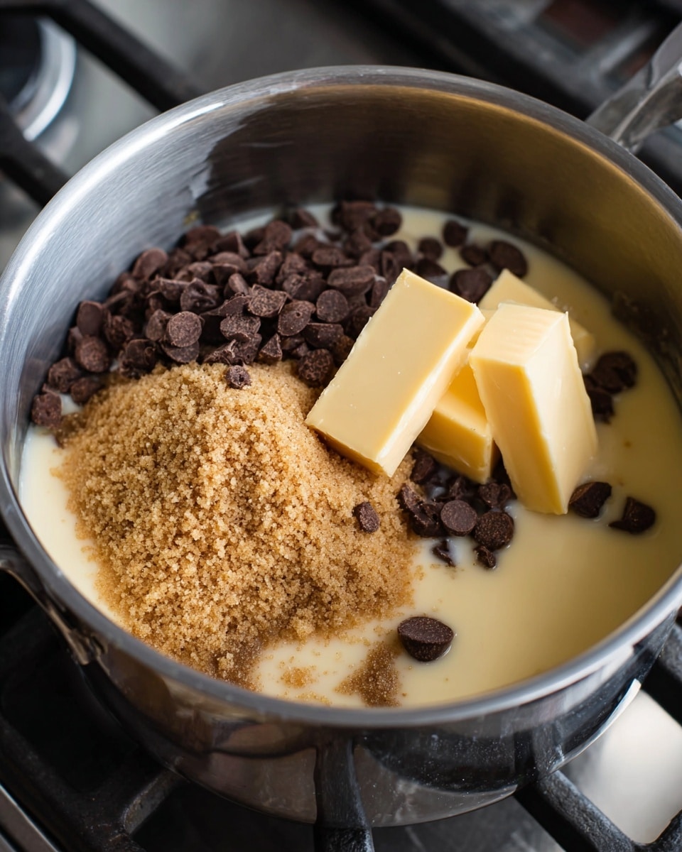 A shiny silver pot is filled with several ingredients layered together: a light cream liquid forms the base filling most of the pot, on top of it sits a pile of light brown sugar with a grainy texture, dark brown chocolate chips scattered beside it, and several pale yellow sticks of butter resting on the chocolate. The pot is placed on a stovetop with visible black grates. The photo taken with an iphone --ar 4:5 --v 7