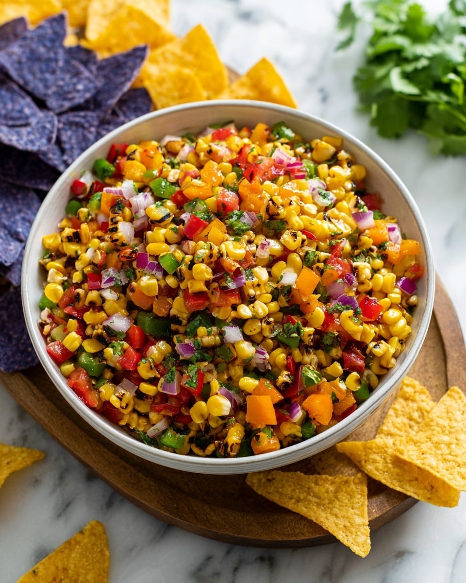 A white bowl is filled with a bright, colorful mix of layered roasted corn kernels, diced red and orange bell peppers, chopped red onion, small pieces of green jalapeño, and bits of fresh cilantro. The charred yellow corn and red tomatoes add warm tones, scattered evenly through the salad. On top, there are three tortilla chips—two purple and one yellow—partly resting upright among the vegetables. The bowl is placed on a white marbled surface. photo taken with an iphone --ar 4:5 --v 7