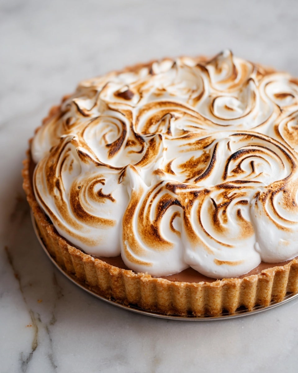 A round tart with a thick, golden brown crust on the outside layer, filled with a smooth, light brown filling in the middle layer, topped with a thick, fluffy white meringue layer that has been toasted to a light golden tan color in swirled patterns, placed on a white marbled surface, photo taken with an iphone --ar 4:5 --v 7