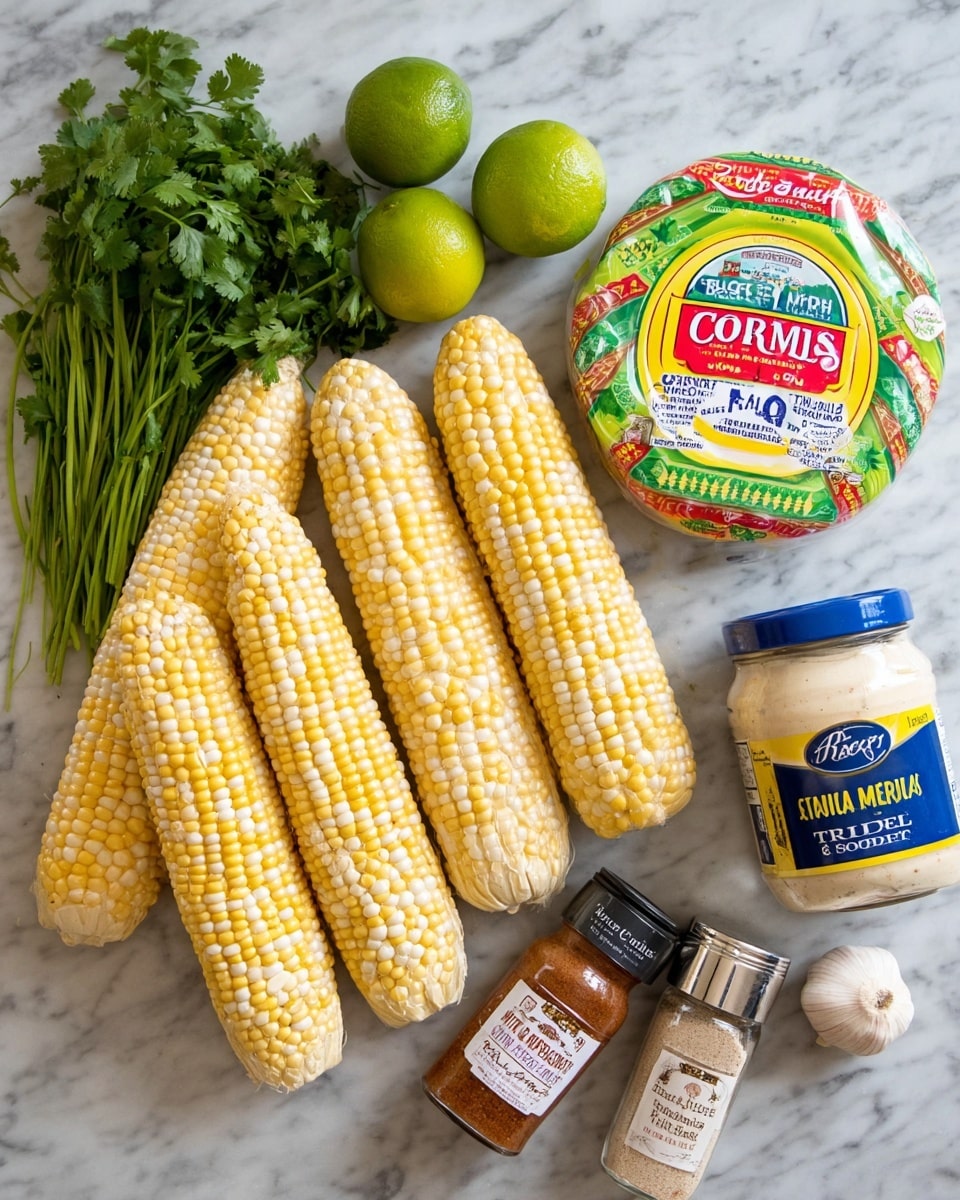 A group of six fresh ears of yellow and white corn lies in a pile on a white marbled surface, with a bunch of green cilantro and two shiny green limes placed behind the corn near the top left. To the right, there is a round package of Cotija cheese with bright green, red, and yellow labels and a jar of Best Foods Real Mayonnaise with a blue lid and yellow label below it. Next to these, there is a white container labeled Crema Mexicana, two small spice jars labeled Chili Powder and Cayenne Pepper with silver lids, and a clear pepper grinder. A single garlic clove is visible near the top right. photo taken with an iphone --ar 4:5 --v 7