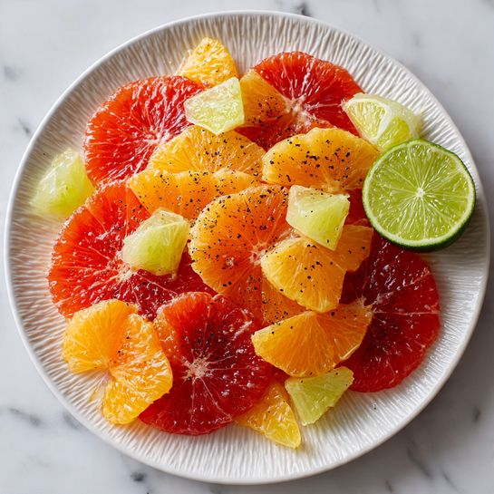 A white plate with a textured rim holds a colorful fruit salad arranged in layers. The bottom layer is made up of large, round slices of bright orange and red citrus fruits, with visible juicy segments. Scattered on top are smaller pieces of pale yellow and light green citrus, adding a soft contrast to the vibrant base. One thick lime wedge rests on the right edge of the plate. A few black pepper specks lightly cover the fruit slices. The plate sits on a white marbled surface. photo taken with an iphone --ar 4:5 --v 7
