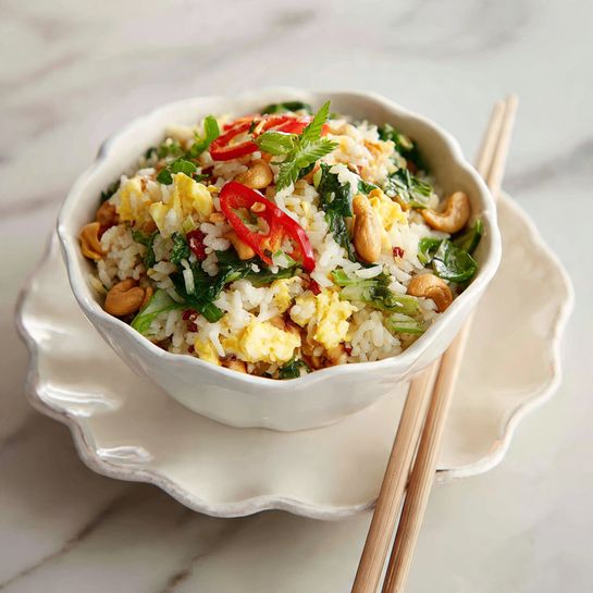 A bowl full of fried rice shows many layers and colors. The bottom layer is white rice mixed with small pieces of light yellow scrambled egg. On top of the rice, there are green leafy vegetables that add a fresh look, mixed with slices of bright red bell pepper curls. Light brown cashew nuts are scattered on the surface, adding texture. All this is in a white bowl, placed on a white scalloped plate that sits on a white marbled surface. Two beige chopsticks rest diagonally on the plate beside the bowl. Photo taken with an iphone --ar 4:5 --v 7
