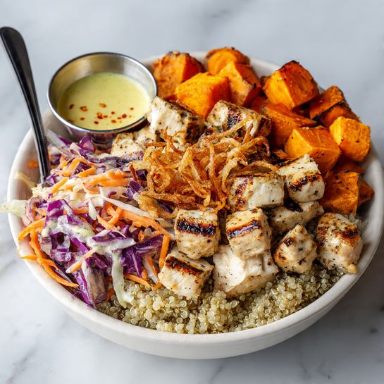 The image shows a white bowl filled with four layers: the bottom layer is light beige quinoa with a soft texture, topped by two sections of grilled cubes, one with orange grilled sweet potatoes and the other with white grilled chicken pieces marked by dark grill lines. Below the chicken and sweet potatoes, there is a pile of purple and orange shredded cabbage and carrot slaw dressed with a creamy sauce and sprinkled with crispy golden fried onions. To the left inside the bowl, a small silver cup holds a light yellow dressing with red specks. A black fork rests on top of the quinoa near the bottom edge of the bowl, which sits on a white marbled surface. photo taken with an iphone --ar 4:5 --v 7