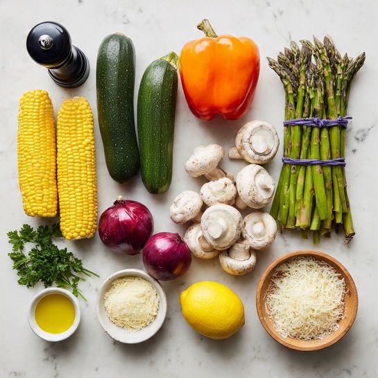 The image shows fresh vegetables and cooking ingredients laid out on a white marbled surface. There are two yellow corn cobs on the top left, next to a black pepper grinder. Below them are two dark green zucchinis. An orange bell pepper sits above a red bell pepper, both near a bunch of green asparagus tied with purple bands. To the right, a pile of white mushrooms is placed next to a bright yellow lemon. Below the mushrooms, there is a white spray can of avocado oil, a small white bowl filled with golden olive oil, and a wooden bowl with grated cheese. On the left side near the zucchinis, there are three red onions with green parsley and a clove of garlic nearby. photo taken with an iphone --ar 4:5 --v 7