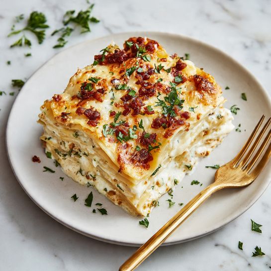 A square piece of layered pasta dish sits in the center of a white plate, topped with melted golden cheese and browned crispy bits with green herbs sprinkled on top. The layers beneath show creamy white sauce and pasta sheets with some small green herb pieces visible. A gold fork rests on the right side of the plate. The plate is set on a white marbled textured surface with some scattered herbs around. photo taken with an iphone --ar 4:5 --v 7