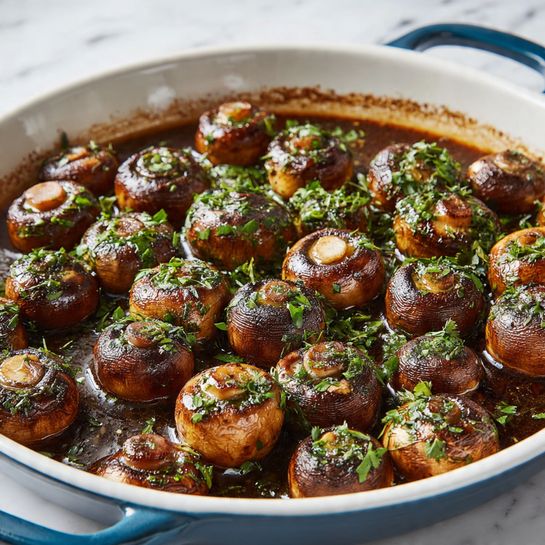 The image shows a white baking dish filled with many small, whole cooked brown mushrooms in a dark broth. The mushrooms cover the whole surface and are sprinkled with fresh green chopped herbs, giving a nice contrast in color. The white baking dish has a blue handle, and the background is a white marbled surface. The mushrooms look soft and juicy, sitting close together with some herbs resting on top, creating a rich and fresh look photo taken with an iphone --ar 4:5 --v 7
