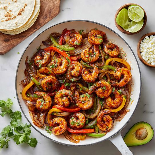 A large white round pan filled with cooked shrimp that are orange-brown and slightly charred, mixed with thin slices of red and yellow bell peppers and caramelized dark brown onions, all topped with small green cilantro leaves. Surrounding the pan on a white marbled surface are soft white tortillas stacked on a wooden board at the top left, two lime halves and some lime wedges at the top right, a small bowl of white cheese crumbles to the left, an avocado half on the right side, and scattered cilantro leaves near the bottom. The scene is bright and fresh with a clear focus on the rich colors and textures of the cooked shrimp and vegetables, photo taken with an iphone --ar 4:5 --v 7