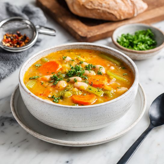 The image shows a close-up of a bowl filled with thick vegetable soup. The soup has three main layers: at the bottom, there is a smooth orange broth; in the middle, large chunks of bright orange carrots, light green celery pieces, and white beans are mixed evenly; on the top, small bits of chopped green herbs are sprinkled, adding a fresh look. The bowl is white and sits on a white marbled surface, with a blurred background of green herbs in a wooden bowl. The lighting highlights the shiny, moist texture of the soup, making it look fresh and hearty photo taken with an iphone --ar 4:5 --v 7
