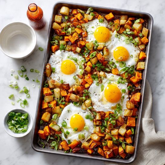 A metal baking sheet filled with a mixed layer of roasted small cubes of orange sweet potatoes and light brown potatoes, with scattered green sliced scallions on top. Five cooked sunny-side-up eggs are spread evenly through the potatoes, with bright yellow yolks and white edges slightly browned. The baking sheet rests on a white marbled surface with a small white bowl of chopped scallions to the side and a bottle of hot sauce nearby. The scene is brightly lit and clean. photo taken with an iphone --ar 4:5 --v 7
