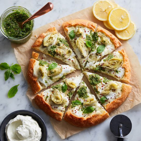 Artichoke Burrata Pizza with Lemon Basil Pesto Recipe