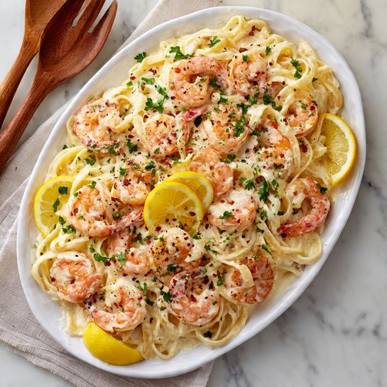 The image shows a white oval plate filled with creamy fettuccine pasta layered evenly as the base. On top, there are many pink-orange cooked shrimp placed in a scattered pattern, each shrimp garnished with small sprinkles of chopped green parsley. Bright yellow lemon wedges are tucked among the pasta and shrimp, adding pops of color. The creamy sauce gives the pasta a smooth, glossy look, and tiny bits of red chili flakes and black pepper are spread across the dish, enhancing texture and detail. The plate is set on a white marbled surface with wooden salad utensils blurred in the background. photo taken with an iphone --ar 4:5 --v 7