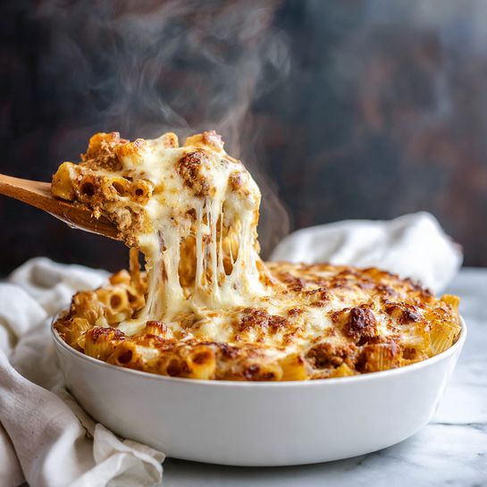 The dish shows a top view of a baked pasta casserole in a dark pan with a golden brown, slightly crispy cheese layer on top. The cheesy layer has patches of light browning and some darker spots, indicating it was baked until bubbly and slightly crunchy. Beneath the cheese topping, there are creamy, gooey pasta shells mixed with white sauce and bits of browned mushrooms or meat. A wooden spoon is scooping some of the creamy pasta, showing a thick sauce texture with pasta shells. The pan rests on a white cloth placed on a blue wooden surface, and a white marbled texture is visible around the edges. photo taken with an iphone --ar 4:5 --v 7