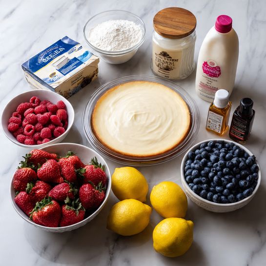 The image shows ingredients arranged on a white marbled surface for making a dessert. At the center is a round cake with a light brown crust inside a clear plastic container. Surrounding it, from left to right, are fresh raspberries in a white bowl, a box of cream cheese with visible blue and white packaging, a container of powdered sugar with a wooden lid, a white bowl filled with bright red strawberries, a white bowl full of plump blueberries, a bright yellow lemon, a bottle of heavy whipping cream with a pink label, a small bear-shaped bottle of honey, and a dark bottle labeled vanilla extract. The colors vary from deep reds and blues of the berries to creamy whites and yellows of the other ingredients, all set on the smooth marble background. photo taken with an iphone --ar 4:5 --v 7