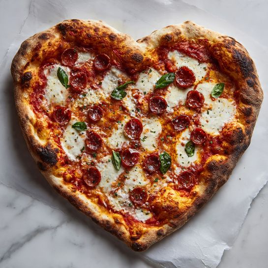 A heart-shaped pizza is shown lying on a white marbled textured surface with a wrinkled white paper beneath it. The pizza has one main thick crust layer that is golden brown with darker char spots. On top is a layer of melted white cheese, spread unevenly, showing patches of bright red tomato sauce beneath it. Scattered across the cheese are small pepperoni slices cut into heart shapes, browned slightly around the edges. Small fresh green basil leaves are placed sparingly on top, adding color contrast. The pizza has an overall rustic and handmade look, with a warm inviting texture. Photo taken with an iphone --ar 4:5 --v 7