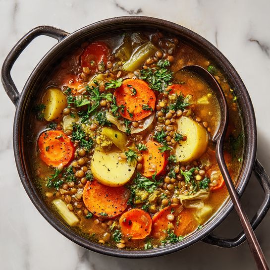 A dark pot filled with a thick vegetable and lentil soup sits on a white marbled surface. The soup has several layers: a clear brown broth base, topped with orange carrot slices, round yellow potato slices, small lentils, and bits of green celery. Fresh chopped green herbs are scattered on top, adding bright color contrast. A dark spoon is partially dipped into the soup on the right side. photo taken with an iphone --ar 4:5 --v 7