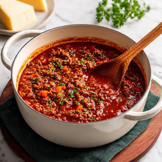Slow-Cooked Classic Beef Bolognese with San Marzano Tomatoes and Parmesan Recipe