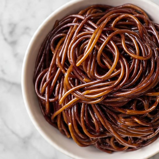 A close-up shot of a white bowl filled with dark reddish-brown thin spaghetti noodles tangled together, showing various shades of glossy, slightly oily texture on each strand. The noodles cover the entire inside surface of the bowl with some strands overlapping and curling. The bowl is placed on a surface with a white marbled texture. The lighting highlights the smooth, shiny look of the noodles, making them appear fresh and well-cooked. photo taken with an iphone --ar 4:5 --v 7