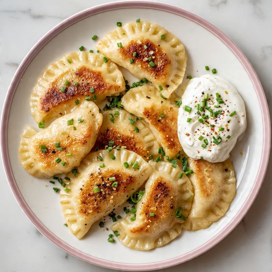 The dish shows six golden brown pierogi arranged on a white plate with a pink rim, each pierogi having a slightly crispy texture with light browning and a pattern of pinched edges along the curved side. Small green chopped chives and black pepper flakes are sprinkled evenly on top of the pierogi, adding spots of green and black. A dollop of smooth, white sour cream sits to the right side of the plate, also topped with chives and pepper flakes. The plate lies on a white marbled surface. photo taken with an iphone --ar 4:5 --v 7