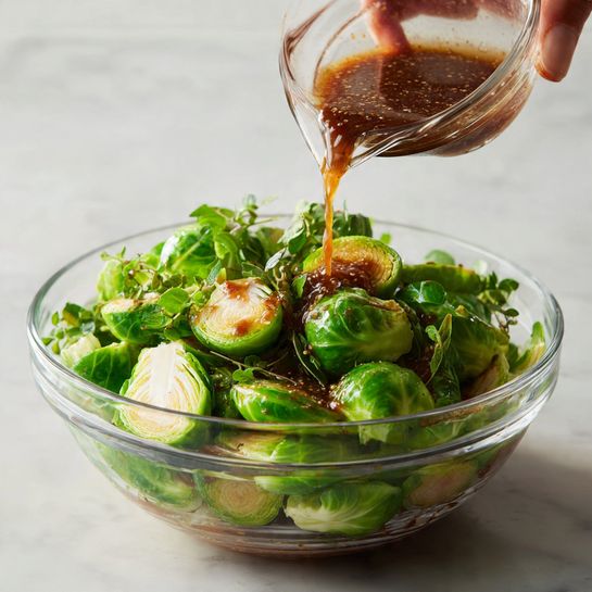 A clear glass bowl holds several bright green Brussels sprouts, each cut in half to show their layered, leafy interior. A woman's hand is pouring a small clear glass bowl of dark brown dressing with a slightly thick texture over the Brussels sprouts. The bowl sits on a white marbled surface with soft natural light highlighting the freshness and color contrast between the green sprouts and the rich dressing. photo taken with an iphone --ar 4:5 --v 7