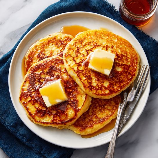 The image shows a white oval plate filled with about sixteen thick, round pancakes piled close together. Each pancake has a golden brown top with a slightly crispy texture and soft yellow edges. The pancakes vary slightly in size and have a fluffy, slightly uneven surface. Nearby, there is a white rectangular dish holding soft butter slices and a small clear jar of honey with a wooden honey dipper resting inside. The plate sits on a white marbled surface with a turquoise cloth casually draped to one side. Photo taken with an iphone --ar 4:5 --v 7