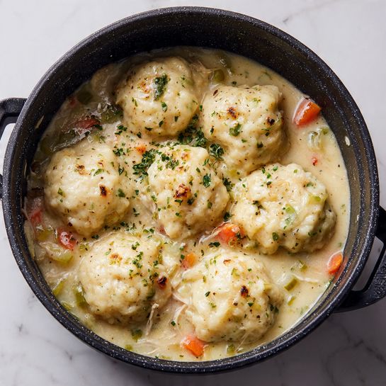 A close-up view of a pot filled with a thick stew featuring several light beige dumplings floating on top. The dumplings have a soft, slightly textured surface with small green herb pieces and bits of orange carrot embedded in them. The stew is creamy with small chunks of shredded meat, diced carrots, and green vegetable pieces visible throughout. The pot is black with white speckles and sits on a white marbled surface. photo taken with an iphone --ar 4:5 --v 7