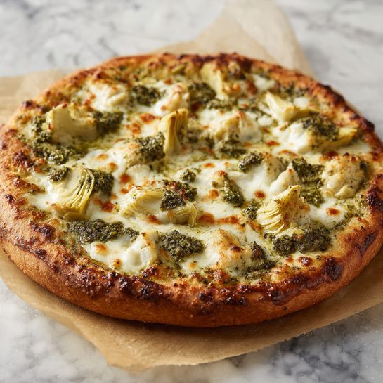 A round pizza with a golden brown crust that is puffed and slightly charred on the edges. The top layer is covered with melted white cheese spread unevenly across the surface, creating soft, lumpy patches. Mixed in and on top are chunks of pale yellow artichoke hearts with soft texture, and scattered dollops of dark green pesto sauce that add a textured, leafy look. The pizza sits on a piece of lightly browned parchment paper on a white marbled surface. photo taken with an iphone --ar 4:5 --v 7