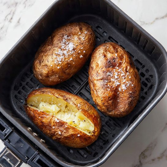The image shows three baked potatoes inside a black air fryer basket sitting on a white marbled surface. Two whole potatoes have dark brown, wrinkled skins sprinkled with coarse salt on top. The third potato is split open, revealing the soft, fluffy pale yellow inside with bits of coarse salt on the skin edge. The air fryer basket has a grid-like bottom and sides with a textured surface on the left. photo taken with an iphone --ar 4:5 --v 7