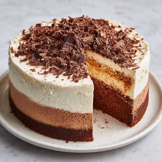 A round three-layer cake sits on a white plate on a white marbled surface, with one slice slightly pulled out. The bottom layer is a rich dark chocolate color and smooth texture, the middle layer is a lighter milk chocolate shade, and the top layer is creamy white with a thick, soft texture. The top is decorated with a large pile of dark chocolate shavings spread over the cream layer, mainly in the center. The cake's smooth frosting has slight swirls, and the slice reveals the distinct layers clearly. Photo taken with an iphone --ar 4:5 --v 7
