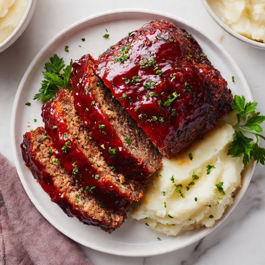 A white plate with a rough brown edge holds three thick slices of meatloaf lined up on the right side, topped with a shiny dark brown glaze and small green herb bits sprinkled over. To the left, there is a large scoop of chunky mashed potatoes with hints of potato skin visible, showing a rough, creamy texture. On the far left, a small bunch of bright green cooked green beans lie parallel to the mashed potatoes, with a few black pepper specks on them. The plate rests on a white marbled surface. Photo taken with an iphone --ar 4:5 --v 7