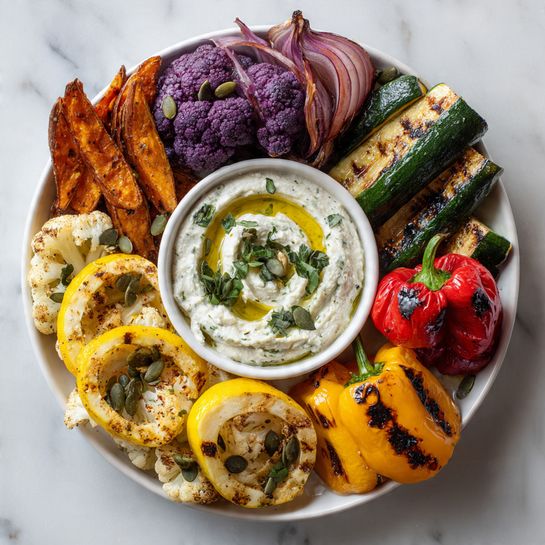 A white oval plate filled with layers of grilled vegetables and a small bowl of creamy dip in the center. Starting from the top edge going clockwise, there are thick grilled zucchini pieces with dark char marks, bright grilled mini bell peppers in yellow, red, and orange with grill lines, and golden roasted slices of squash with herb leaves. At the bottom are deep purple grilled cauliflower florets, next to rings of grilled delicata squash with a light char. Near the center, there are grilled red onion wedges with some green sprouts scattered around. The small bowl in the middle has a smooth, light beige dip topped with a drizzle of oil and a small herb leaf. Everything is arranged neatly on a white marbled surface, with small pumpkins and seeds around adding a cozy touch. Photo taken with an iphone --ar 4:5 --v 7
