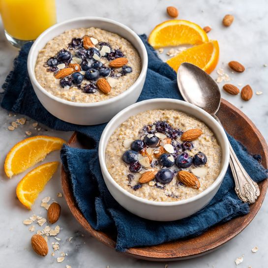 The image shows two white bowls of creamy oatmeal placed on round wooden plates. Each bowl has a thick oatmeal layer colored a light brownish-beige with a slightly coarse texture. On top, there is a mix of whole blueberries in dark blue and purple shades scattered alongside light brown toasted almond slices and whole almonds. One wooden plate holds a vintage silver spoon to the right side of the bowl. The bowls rest on a dark blue cloth on a white marbled surface. Around the bowls, there are scattered oat grains, almond slices, and two orange wedges placed on the marbled surface. A glass of yellow-orange juice is partially visible on the left side. Photo taken with an iphone --ar 4:5 --v 7