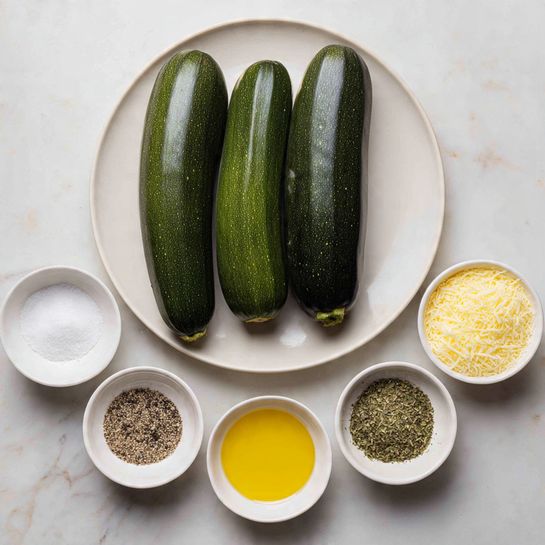 Two whole dark green zucchinis lie side by side on a large white plate at the top center of the image. Below the plate are five small white bowls arranged in a slight arch: the left bowl contains coarse white salt; next to it is a bowl with mixed black pepper and white salt; the center bowl holds golden yellow olive oil; to the right is a bowl of finely grated light yellow cheese; and the far-right bowl contains dried green herbs. All items are placed on a white marbled surface. photo taken with an iphone --ar 4:5 --v 7