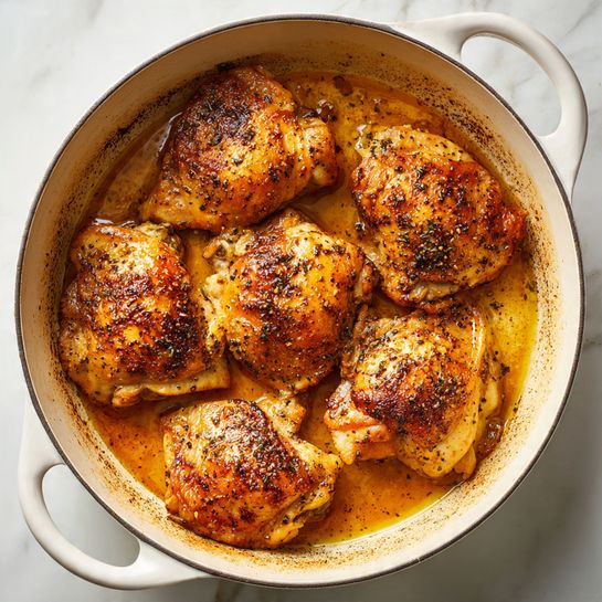 The image shows six pieces of cooked chicken with golden brown, crispy skin and visible black pepper seasoning, arranged closely together in a round white pot with two handles. The chicken pieces are sitting in a shallow pool of cooking juices that have a rich amber color, with some darker caramelized spots near the edges. The inside of the pot is light beige with some browned and textured areas from cooking. The background beneath the pot shows a white marbled texture. photo taken with an iphone --ar 4:5 --v 7