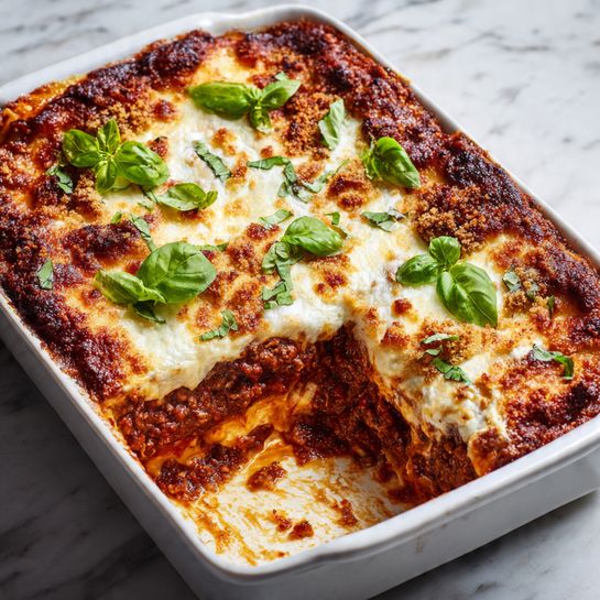 The image shows a white baking dish filled with a layered baked lasagna. The bottom layer is rich dark red tomato sauce with visible chunks of meat, topped evenly with a melted cheese layer that is creamy white with some browned, bubbly, golden spots. There are crispy breadcrumbs sprinkled over the melted cheese, adding a rough, golden texture. Fresh green basil leaves are scattered on top, providing bright color contrast. The edges have slight browning and sauce spills. The dish is placed on a white marbled surface. photo taken with an iphone --ar 4:5 --v 7