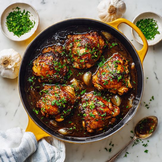 A close-up view of a black skillet containing several cooked meat pieces with a dark brown sauce, sprinkled with chopped green herbs spread evenly on top. A silver spoon rests inside the skillet, partially covered in the sauce. The skillet is placed on a white marbled surface, and to the right, a cream and blue striped cloth is visible. Small pieces of herbs are scattered on the marbled surface around the skillet. photo taken with an iphone --ar 4:5 --v 7