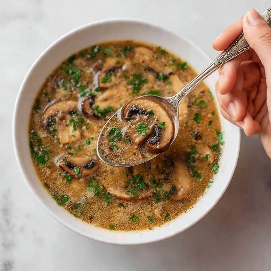 The image shows a close-up of a bowl of mushroom soup in a white bowl, placed on a white marbled surface. The soup has a light brown broth with visible slices of cooked mushrooms that are beige to light brown with a smooth texture. Bright green chopped herbs, likely parsley, are sprinkled on top, adding a fresh color contrast. A woman's hand holds a silver spoon with an ornate handle, lifting a portion of the soup that contains mushroom slices and herbs. The soup surface reflects soft light, highlighting its slight sheen and liquid texture. Photo taken with an iphone --ar 4:5 --v 7