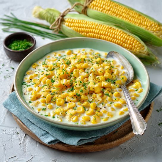 A close-up view of a silver pan filled with cooked corn kernels mixed in a creamy, pale yellow sauce. The corn pieces are small, plump, and bright yellow, evenly spread throughout the thick sauce that has a smooth texture with some small lumps. A wooden spoon with a natural brown color is partially scooping the creamy corn mixture from the left side of the pan. The pan sits on a stove with dark metal grates visible underneath. The background surface is changed to a white marbled texture. Photo taken with an iphone --ar 4:5 --v 7
