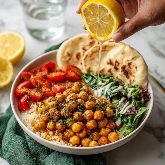 In a white bowl on a white marbled surface, there are three distinct layers: a large portion of cooked chickpeas seasoned with black pepper and chopped green herbs on the left, a fresh mix of cherry tomatoes sliced in halves and leafy greens with a drizzle of white dressing on the right, and two pieces of light brown pita bread positioned at the back. A woman's hand is squeezing a bright yellow lemon half over the chickpeas, with juice dripping down. In the background, there is a blurred glass of water and a lemon half. The bowl rests on a green cloth napkin photo taken with an iphone --ar 4:5 --v 7