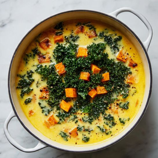 The image shows a white pot with a creamy, yellow soup filled with small orange cubes, likely sweet potatoes. On top, there is a layer of dark green leafy kale placed in the center, partially submerged in the soup. The soup surface has a smooth and slightly frothy texture with bits of the orange cubes rising through. The pot is set on a white marbled surface, and the handle of the pot is visible on the right side. photo taken with an iphone --ar 4:5 --v 7