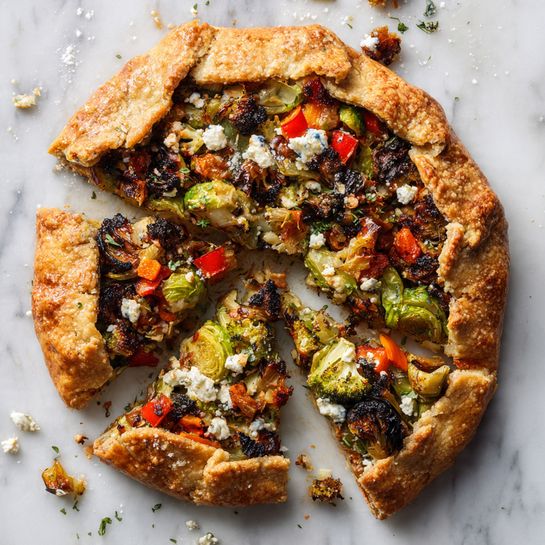 A single slice of pie is shown resting on a white marbled surface, surrounded by scattered crumbs. The pie has a golden-brown, flaky crust on top that is slightly broken, revealing a rich filling underneath. The filling includes bright orange chunks, likely roasted vegetables, mixed with soft white cheese and dark olives, all drizzled with a glossy dark sauce. The texture of the crust appears crisp and crumbly, contrasting with the soft and moist filling layers beneath. Photo taken with an iphone --ar 4:5 --v 7