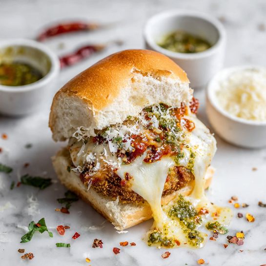 A white baking tray lined with white parchment paper holds nine square pieces of soft bread as the base layer, each topped with a round, deep brown crispy patty. On each patty, there is a spoonful of red tomato sauce, followed by shredded white melted cheese that has slightly browned on top. Small green basil leaves are scattered around the tray and resting between some of the pieces. The tray is set on a white marbled surface with small bowls in the background containing green and red sauces. photo taken with an iphone --ar 4:5 --v 7