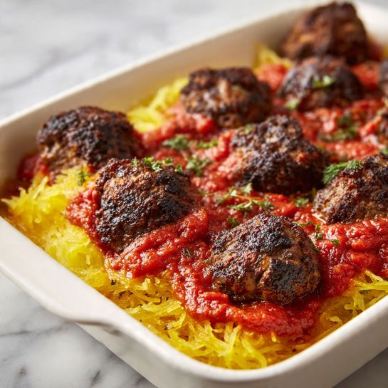 The image shows a white rectangular dish filled with three layers: the bottom layer is yellow spaghetti squash strands spread evenly, the middle layer is bright red tomato sauce dolloped unevenly across the squash, and the top layer consists of dark brown, round meatballs placed with some gaps throughout the dish. The textures vary from the soft squash strands to the thick sauce and the slightly charred, textured meatballs. The dish sits on a white marbled surface. Photo taken with an iphone --ar 4:5 --v 7