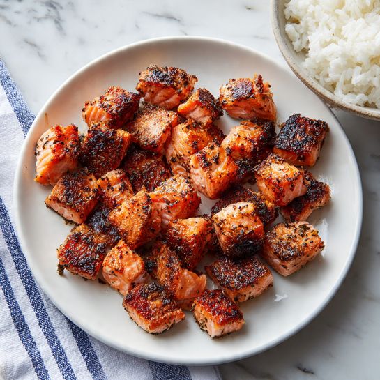 A white plate is filled with many small pieces of cooked salmon that are browned and seasoned, showing a crispy and slightly charred texture on the outside. The salmon pieces are arranged close together in the center of the plate. In the upper right corner of the image, there is a glimpse of a white bowl filled with plain cooked rice. The background is a white marbled surface, and part of a blue and white striped cloth is visible under the edge of the plate. The lighting highlights the rich colors and textures of the salmon. photo taken with an iphone --ar 4:5 --v 7