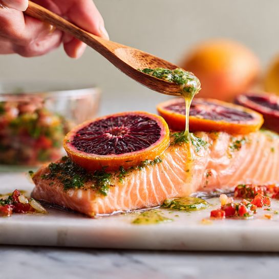 A cooked salmon fillet with a pink-orange color lies flat on a white marbled surface. Two slices of blood orange, dark red and purple with lighter edges, are placed on top of the salmon. Green herb sauce is being dripped over the center of the salmon from a wooden spoon held by a woman's hand above. Small pieces of red and green salsa are scattered around the salmon, and glass containers with salsa are blurred in the background. The image has a close-up view with a soft focus on the background. Photo taken with an iphone --ar 4:5 --v 7
