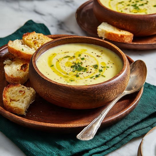 A large white pot filled with smooth creamy light yellow soup garnished with small green chive pieces and black pepper specks scattered on top. A wooden spoon with a rich brown texture lifting some soup from the pot. The pot sits on a dark green cloth placed on a white marbled surface. In the background, there are two pieces of golden brown baguette bread and a brown wooden pepper grinder partially visible. Photo taken with an iphone --ar 4:5 --v 7