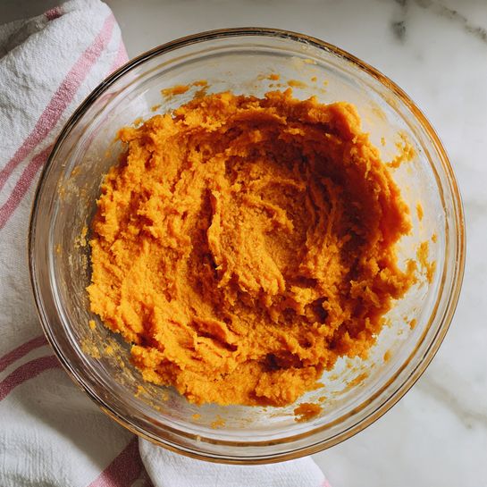 A clear glass bowl filled with one thick layer of bright orange mashed sweet potatoes, showing a smooth but slightly textured surface with some small lumps and darker specks. The inside of the bowl has orange smears from mixing. The bowl sits on a white marbled surface with a white cloth having pink stripes on the left side. Photo taken with an iphone --ar 4:5 --v 7