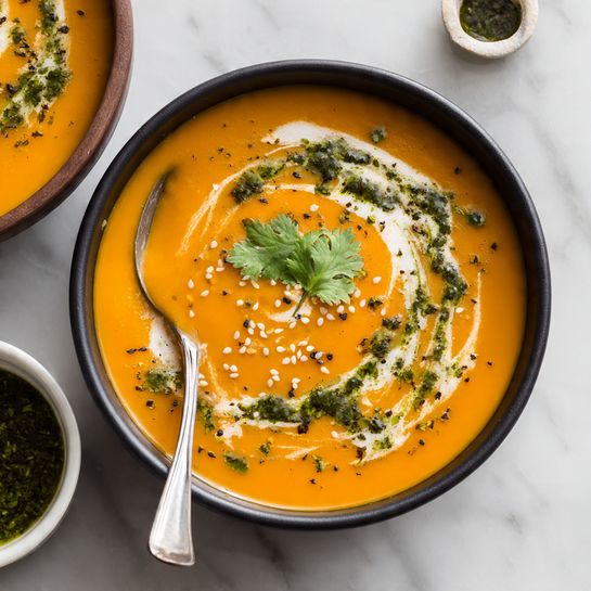 Two black bowls hold smooth bright orange soup topped with white cream swirled in a circle, dark green oil with herbs drizzled in wavy lines, and a few sesame seeds scattered on top, each bowl garnished with two small green leaves in the center. Around the bowls, there is a small white bowl with green herb sauce and a silver spoon inside, and on the side, a white plate with sliced lemon halves, a black bowl full of sesame seeds, and a small wooden board with sliced light brown bread. The whole scene is set on a white marbled surface, photo taken with an iphone --ar 4:5 --v 7